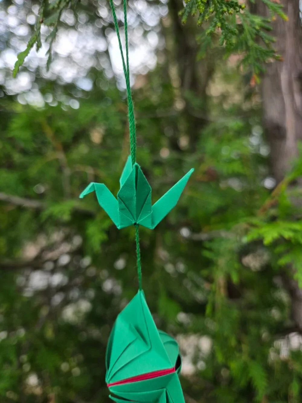 Handmade Origami Ornament | Red & Green Crane Bell